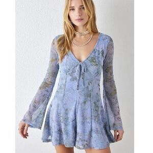 Urban Outfitters Blue Eva Mesh Playsuit Romper Bell Sleeve Coquette Babydoll